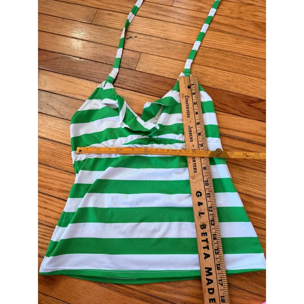Y2K 2000s style Ralph Lauren Green White Striped Ruffle Halter‎ Tankini Swim Top